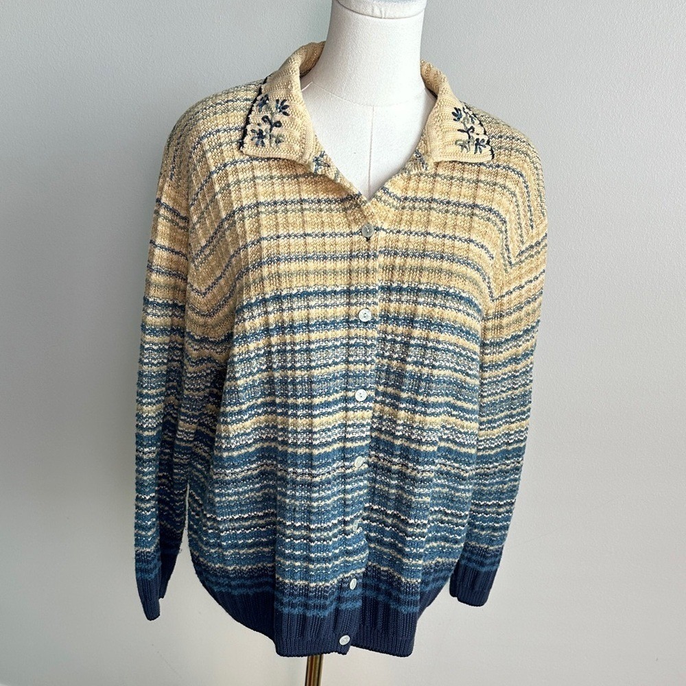 Vintage‎ Womens Cottagecore Striped Wool Blend Granny Knit Button Up Cardigan L